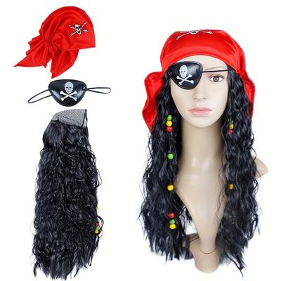 TEMU Long Black Curly Wigs With Headscarf Pirate Costume Wigs Set For Women Adult Captain Cosplay Costume Hair Accessories Dress Temperature For Halloween Parties, And Gifts