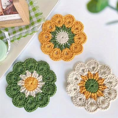 TEMU 3pcs Handmade Crochet Flower Coasters, Decorative Fabric Heat Insulation Mats, Small Floral Trivets For Table Protection, Made With Crochet Technique