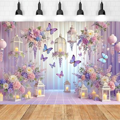 TEMU Vinyl Photography Backdrop For Birthday And Baby Shower - Purple Theme With Floral Arrangements, Decorative Lanterns, And Hanging Bird Cages For Party Photoshoots