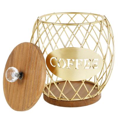 TEMU Rustic Coffee Pod Holder - Large Capacity Black Wire K Cup Storage With Wooden Lid - Round Coffee Basket Decor For Kitchen Countertop For Pods & Espresso Capsules (black/golden)