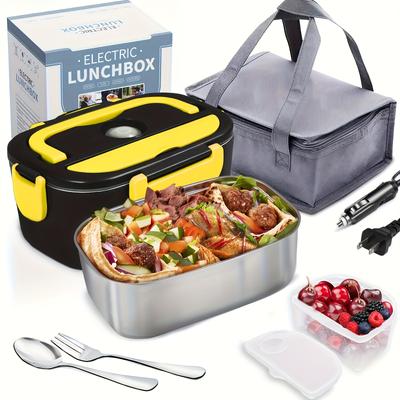 TEMU Portable Electric Lunch Box With Food Heater - Stainless Steel Container, Included, 12v/24v/110v Compatible, Ideal For Car And Work Use