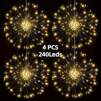 TEMU 5pcs/4pcs 450leds Solar Starburst Sphere Lights, Firework Lights Remote Control Timer 8 Dimmable Hanging Fairy Light, Copper Wire Sparkly Lights For Tent Christmas