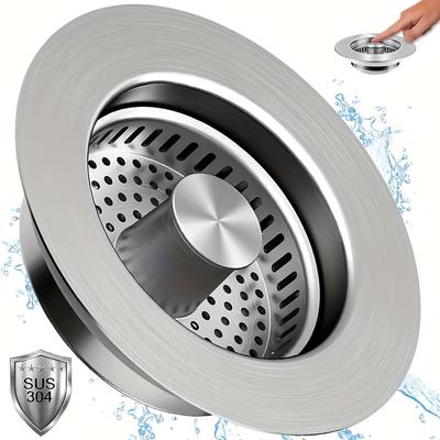 TEMU 1pc Premium 304 Stainless Steel Pop- Sink Strainer - 3-in-1 Drain Plug With Food , Leak-proof & Storage, Fits Standard 3.5-inch American Drains