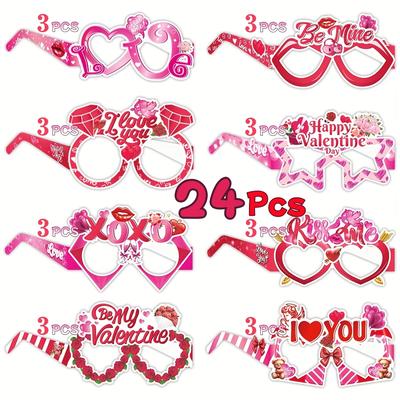 TEMU 24pcs Valentine's Day Party Glasses - Pink & Red Themed Photo Props With Heart, Flower, & Kiss Designs, Romantic Celebrations & Decor, Valentines Decorations