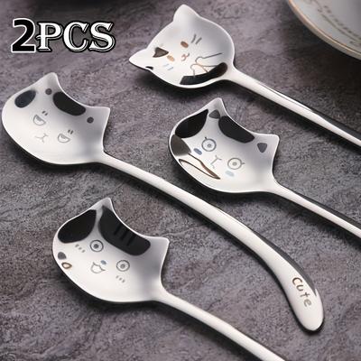 TEMU Set Of 2 Stainless Steel Cat-shaped Dessert Spoons, Long Teaspoons And Coffee Spoons With Cute Animal Print Designs, Birthday Gifts