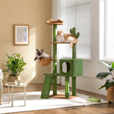 TEMU 59.5in Cat Tree Cactus-design Cat Tree Tower For Indoor Cats, Large Cat Condo Multi-level Scratching Post, Cat Climbing Tree With Basket, Platform, Green