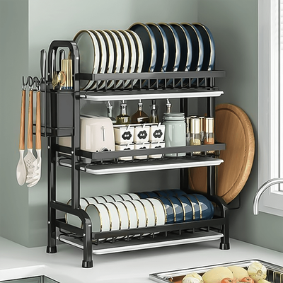 TEMU Space-saving 2/ Kitchen Dish Rack With Drain Board - Carbon Steel With Cutlery And Cup Holder, Rack For Countertops Or Sinks