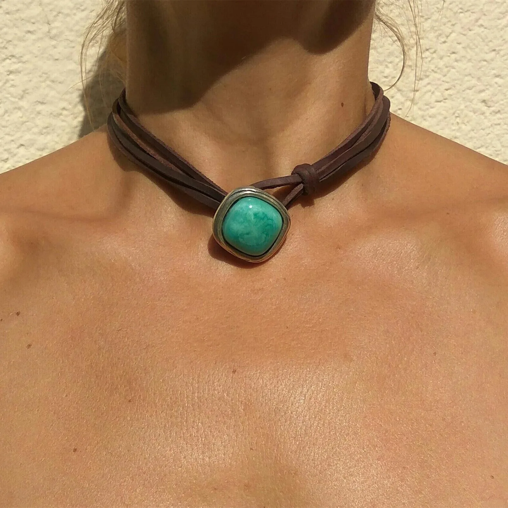 Neue böhmische Art Leder Seil Türkis Anhänger Halskette für Frauen Vintage einfache Schmuck Geschenke Halskette Accessoires