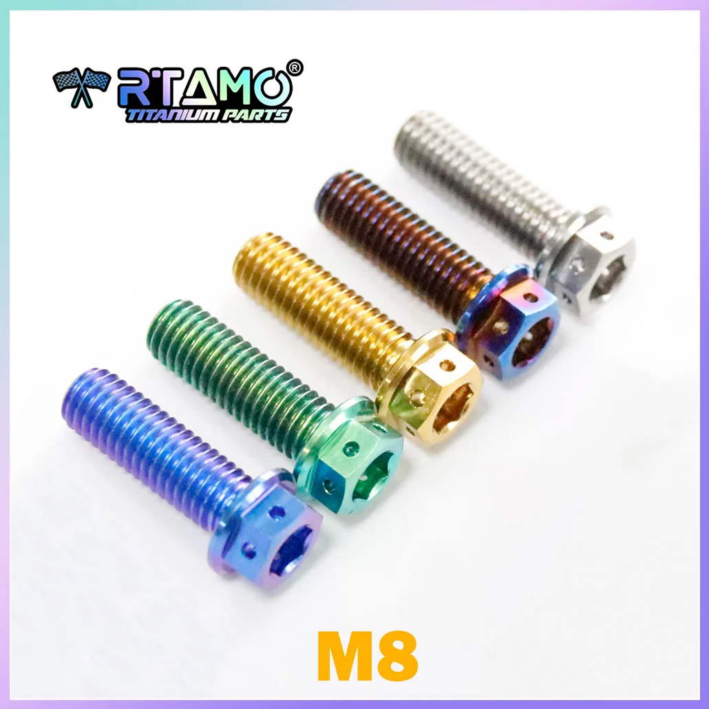 RTAMO Gr5 Titanschraube M8 x15/20/25/30/35/40/45/50/55 Flanschkopf mit Loch CNC-Teile für Fahrrad, Motorrad, umgerüstet Image