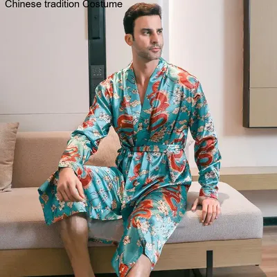 Männer Nachtwäsche Eis Seide Nachtwäsche Drachen Druck Loungewear Langarm Bademantel Kleid Image
