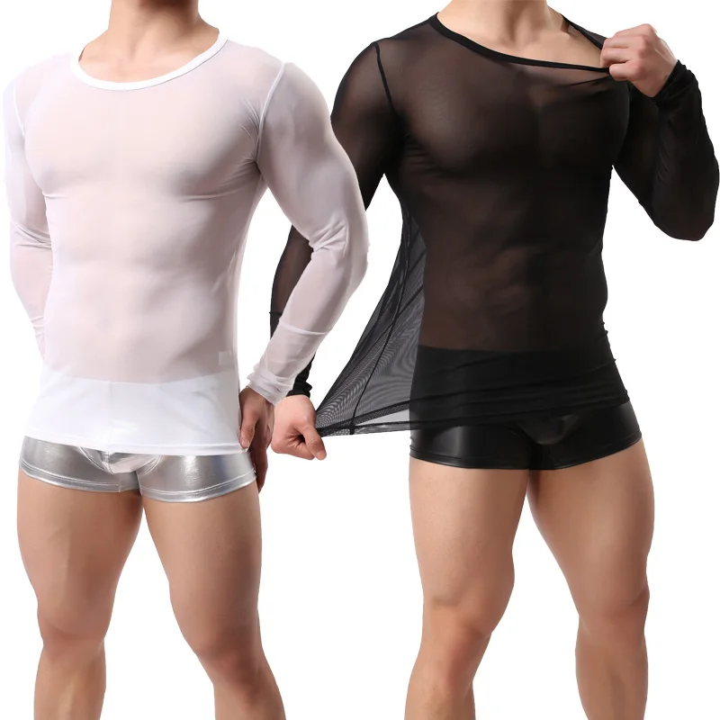 T-shirt sexy da uomo T-shirt in rete Canottiera Homme Maniche lunghe T-shirt da uomo Camicie trasparenti trasparenti da uomo
