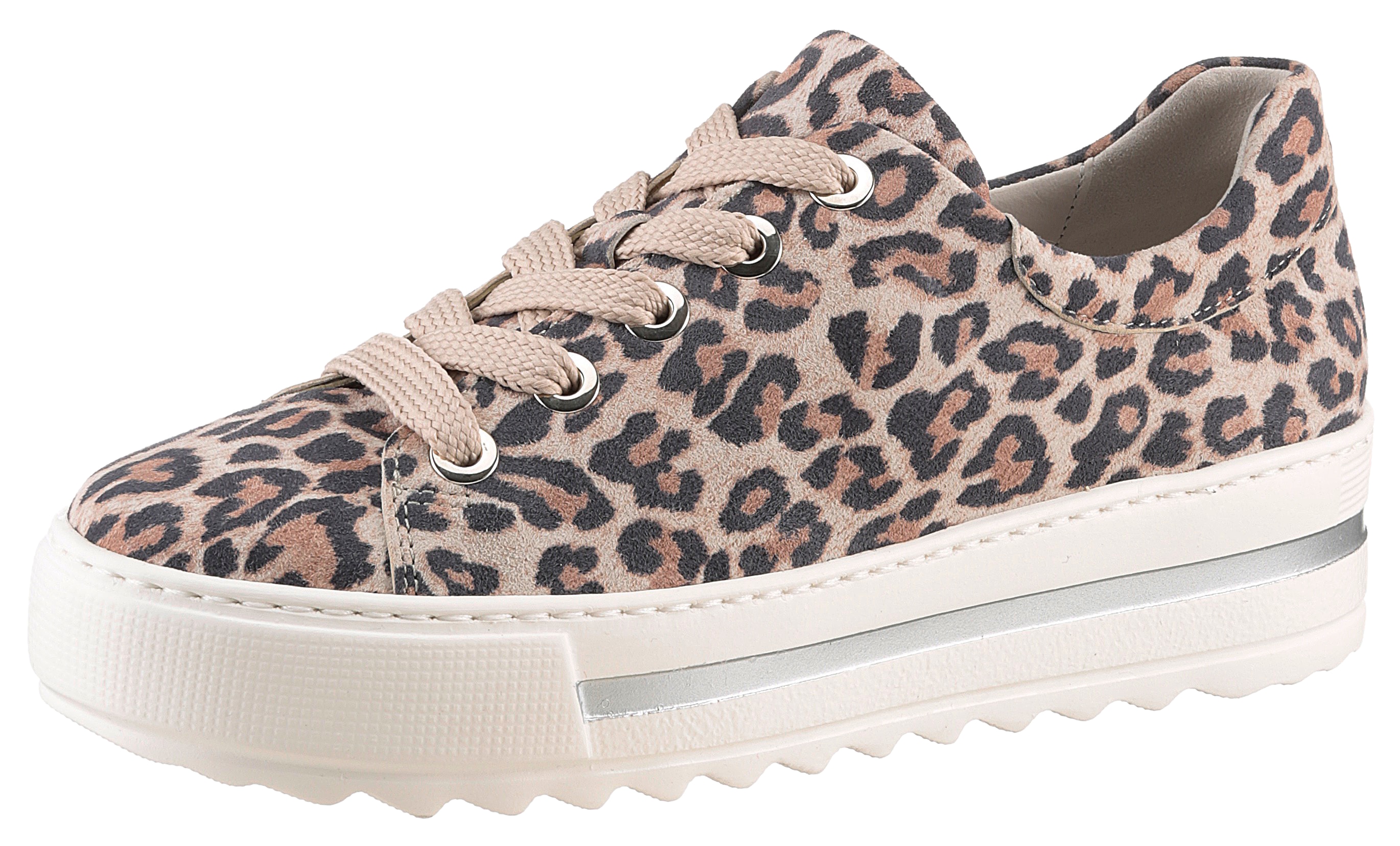 Plateausneaker GABOR "FLORENZ", Damen, Gr. 41, braun (leo), Ziegenveloursleder, animal-print, Schuhe Plateausneaker, Freizeitschuh, Halbschuh, Schnürer, modischer Leo-Look, Weite G