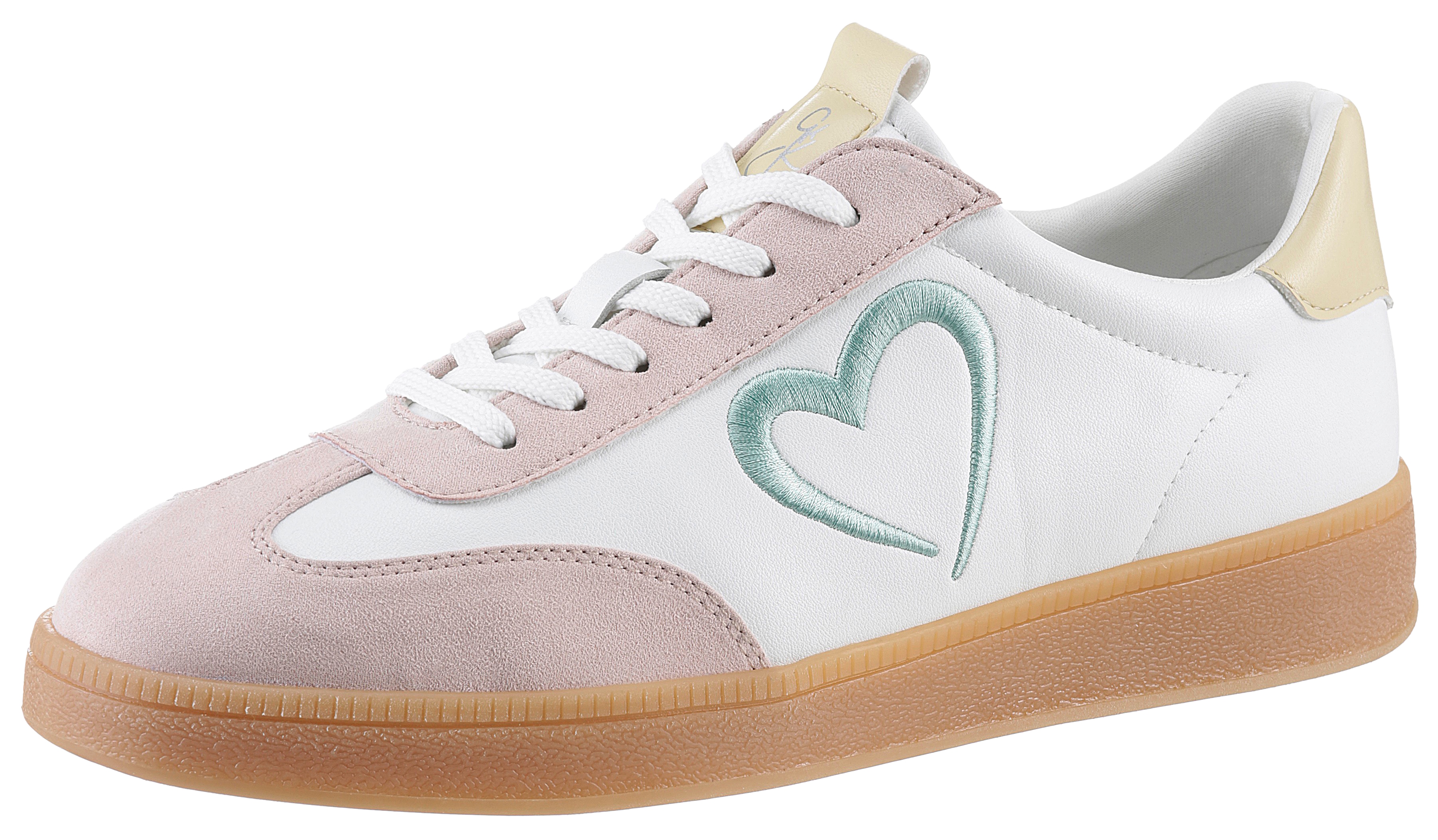 Plateausneaker MARCO TOZZI BY GMK, Damen, Gr. 41, bunt (weiß, rose, vanille), Lederimitat, Textil, Veloursleder, unifarben mit Farbeinsätzen, Schuhe Plateausneaker, Freizeitschuh, Halbschuh, Schnürschuh mit seitlichem Herz-Detail