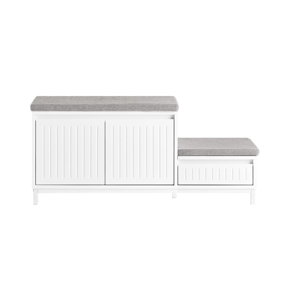 Banc à chaussure effet bois blanc 1 tiroir, 2 coussins et 2 Portes