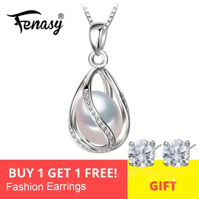 FENASY Natural White Freshwater Pearl Jewelry 925 Sterling Silver Pendant Necklaces For Women Idea