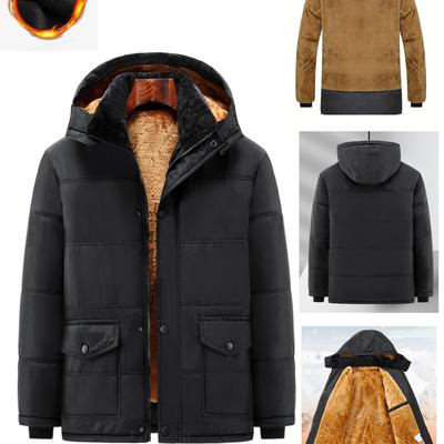 TEMU Men's Casual Comfy Hooded Winter, Solid Color, Polyester Fiber, Long Sleeve, Regular Fit, Woven, With Pockets - Autumn/winter Coat