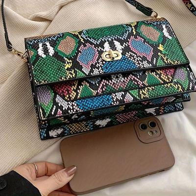 TEMU Vibrant Snake Pattern Crossbody Bag For Women - Stylish Retro Shoulder Purse With Golden-tone Clasp, In Mixed Colors, Pu Material, Casual Or Formal