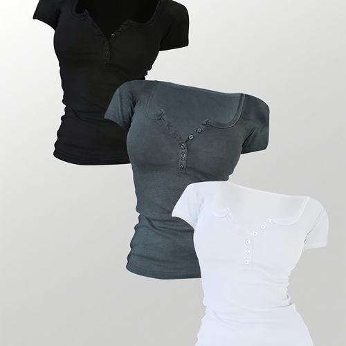 TEMU Women's Casual Fashion Sport Multi-button Round Neck Solid Color Short Sleeve And Match Three-piece Set