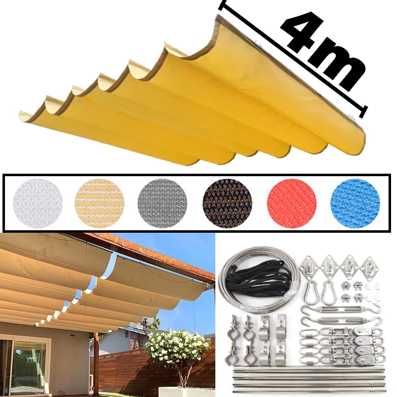 Breite 4 m, teleskopisch, wasserdicht, Sonnenschutz, Segel, Sommer, Terrasse, Welle, Sonnenschutznetz, einziehbare Schattierungsabdeckung, Outdoor-Pergola-Markise Image