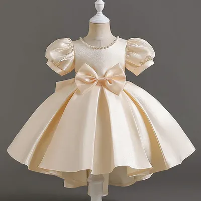 Kleines Mädchen Kleid Puff ärmel Court Style kurzen Rundhals Champagner Prinzessin Kleid süß # t002 Image