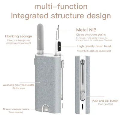 5-in-1-Reinigungswerkzeuge für Telefonbildschirme mit Sprühanschluss, tragbarer Kopfhörer-Reinigungsstift, multifunktionales Zubehör für Airpods 3 Image