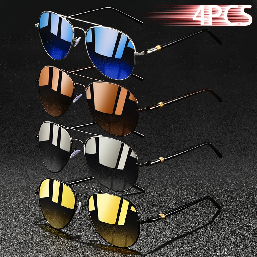 4 Stück Modische Vintage Ellipsenförmige Metallrahmen Piloten-Sonnenbrillen für Männer und Frauen Angeln Fahren Sonnenbrillen Nachtsichtbrillen Image