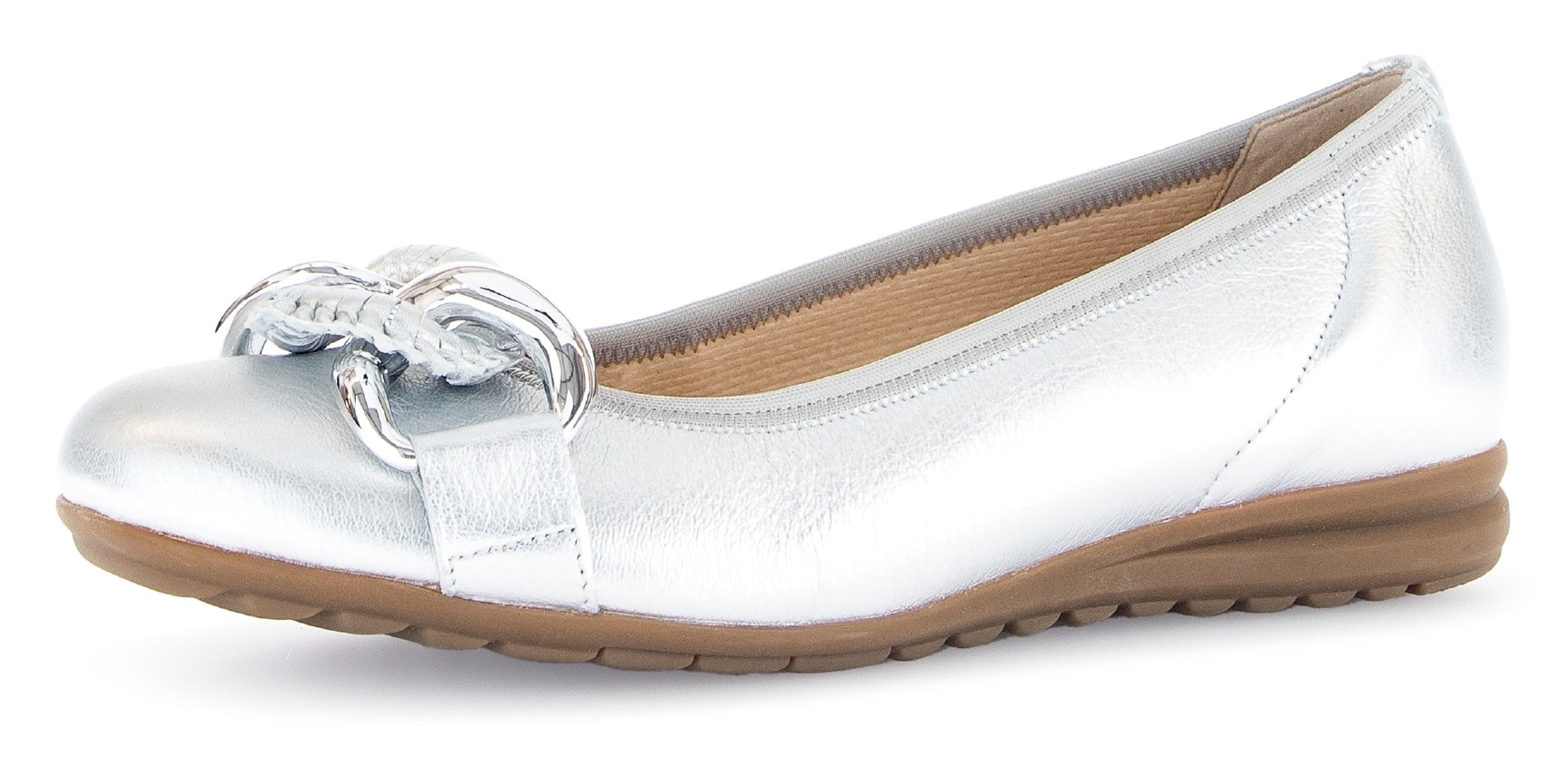 Ballerina GABOR "FLORENZ", Damen, Gr. 41, silber (silberfarben), Glattleder, metallic, Schuhe Ballerina, Keilabsatz, Businessschuh, Halbschuh, Schlupfschuh mit Zierkette