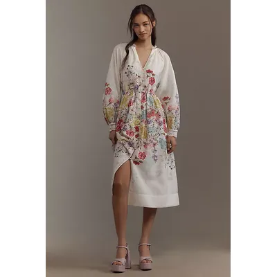Let Me Be Long-Sleeve V-Neck Floral A-Line Midi Dress