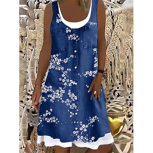 Damen Langes Kleid Maxikleid Freizeitkleid Blumenkleid Stilvoll Lässig Urlaub Lässig Täglich Normale Passform Blumen Ärmellos U-Ausschnitt Marineblau Braun Grau Leicht Blau Frühling Herbst Image
