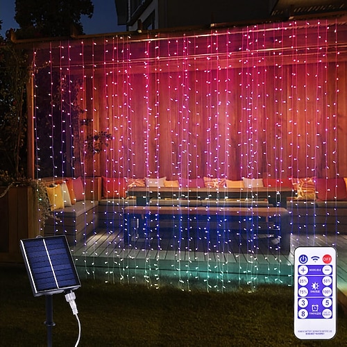 Solar-Vorhanglichter für den Außenbereich, Fernbedienung, 8 Modi, Lichterkette, 3 x 3 m, 300 LEDs, IP65, wasserdicht, Lichterkette, Weihnachtsfeier, Hochzeit, Haus, Garten, Wand, Wohnzimmer, Image