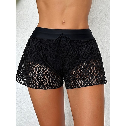 Damen Badeanzug Dehnbare Boxershorts Bademode Gitter Hohe Taillenlinie Urlaub Strandbekleidung Feste Farbe Ärmellos Badeanzüge Image