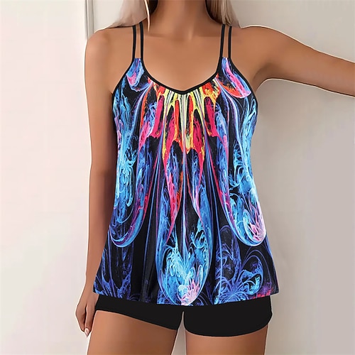 Damen Tankini Bikini, Zweiteiler Racerback Bademode Badeanzug Blau Gelb Schnelltrocknend Leicht Atmungsaktiv Ärmellos - Surfen Strand Schwimmen Sommer Frühling Image