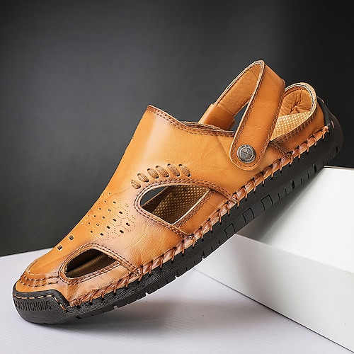 Herren Sandalen Handgefertigte Schuhe Mikrofaser Atmungsaktiv Bequem Rutschfest Schnalle Gelbbraun Schwarz Image