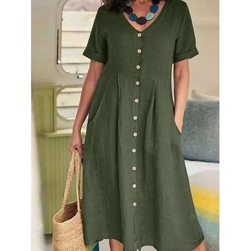 Damen Midikleid Baumwoll Mischung Shiftkleid Elegant Vintage Basic Lässig Täglich Urlaub Normale Passform Einfach Kurzarm V Ausschnitt Blau Weiß Grün Khaki Sommer Frühling Image