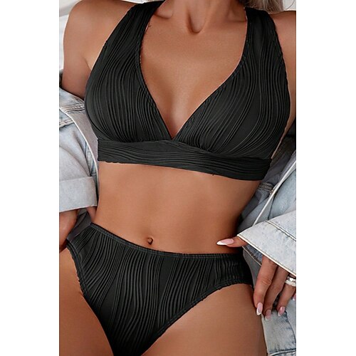 Damen Badeanzug Bikinis 2 Stück Cheeky-Bikinihose Bademode Rückenfrei Schlank Urlaub Strandbekleidung Feste Farbe V Ausschnitt Ärmellos Badeanzüge Image