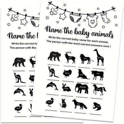 TEMU 20pcs Shower Animal Name Game - Fun Gender Reveal Party Activity, Write The Correct Name For Animal, Black & With Stars And Icons, Showers And Gender Reveals, Shower Games