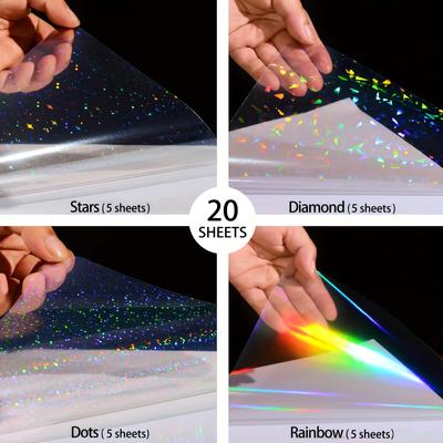 TEMU 20 Sheets A4 Size Clear Holographic Cold Lamination Film, 8.3Ã—11.7 Inch 4 Styles Mixed: Diamond, Rainbow, Stars, Dots, Waterproof Self-adhesive Vinyl Sticker Paper