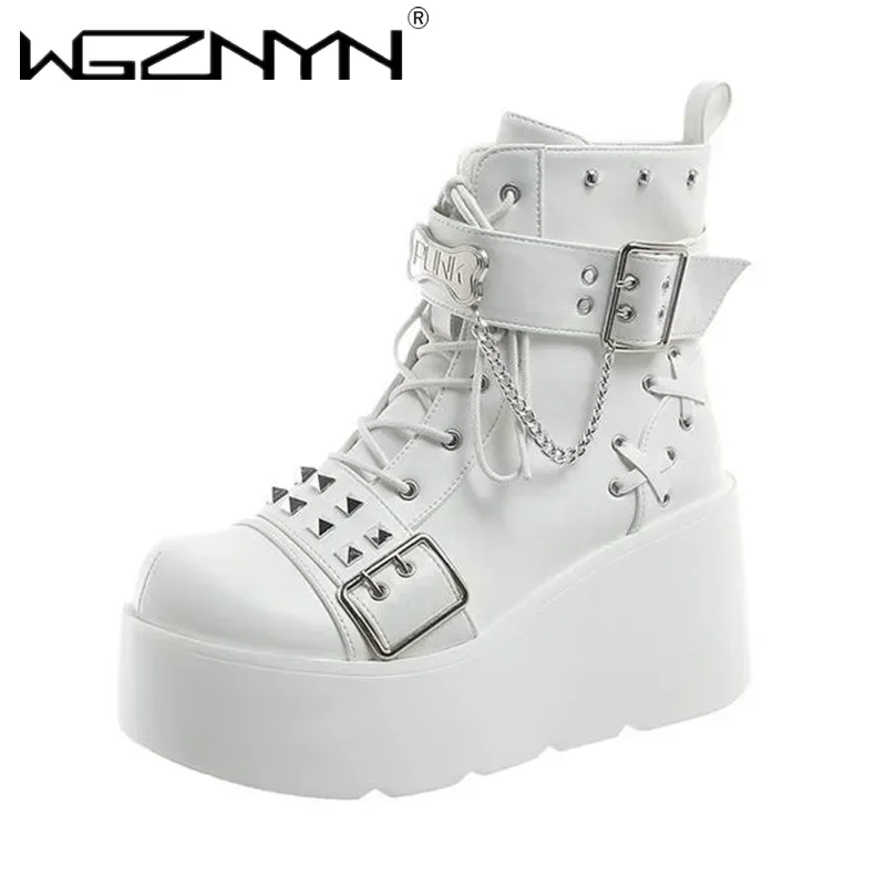 Damen-Stiefel mit Nietenkette-Design, 2025, neue Punk-Gothic-Schuhe, große Größe, Street-Fashion, weibliche moderne Cosplay-Stiefel, Plattform-Botas