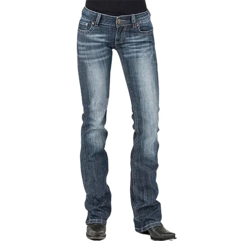 Low-taille Frauen Ausgestellte Jeans Mode Vintage Whitish Blau Waschbar Denim Hosen Slim Fit Hosen Weibliche Chic Casual Streetwear Image