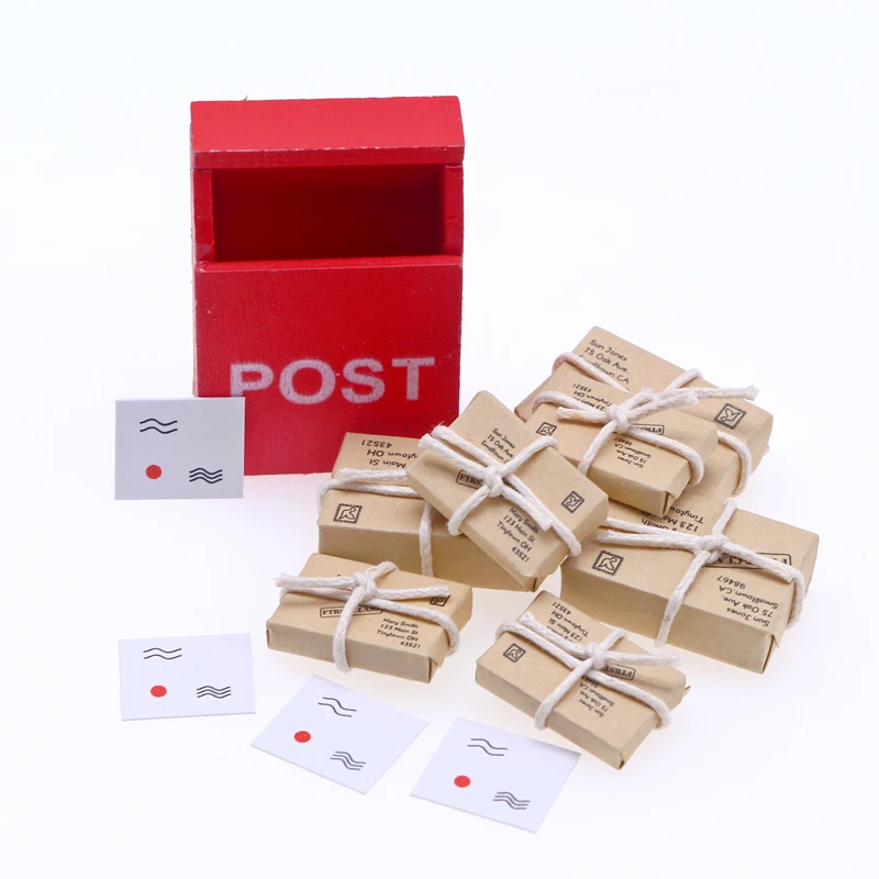 7Pcs/Set Dollhouse Miniature Letter Box Red POST Mailbox Mail Sack Postcard For Gnome Fairy Garden Door Furniture House Decor