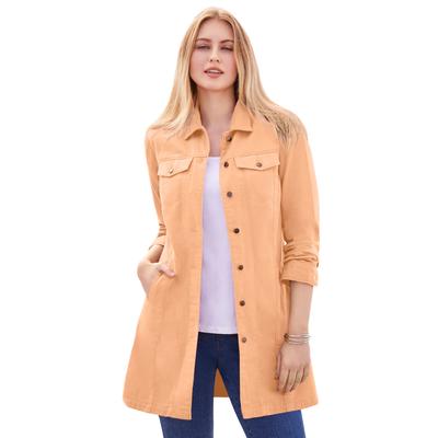 Plus Size Women's Long Denim Jacket by Jessica London in Peach Fuzz (Size 16 W) Tunic Length Jean Jacket