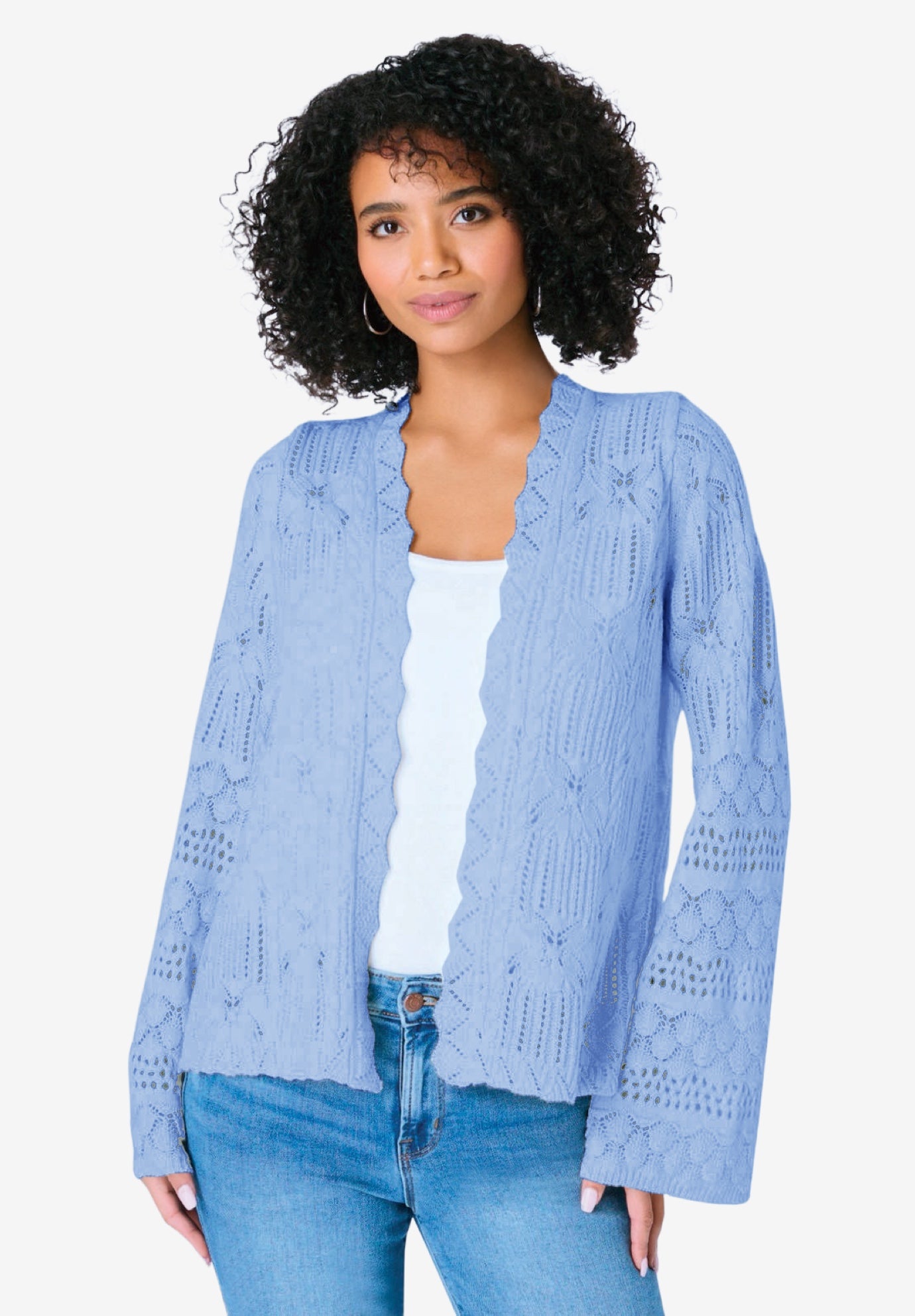 Plus Size Women's Crochet Cardigan Sweater by Roaman's in French Blue (Size S)