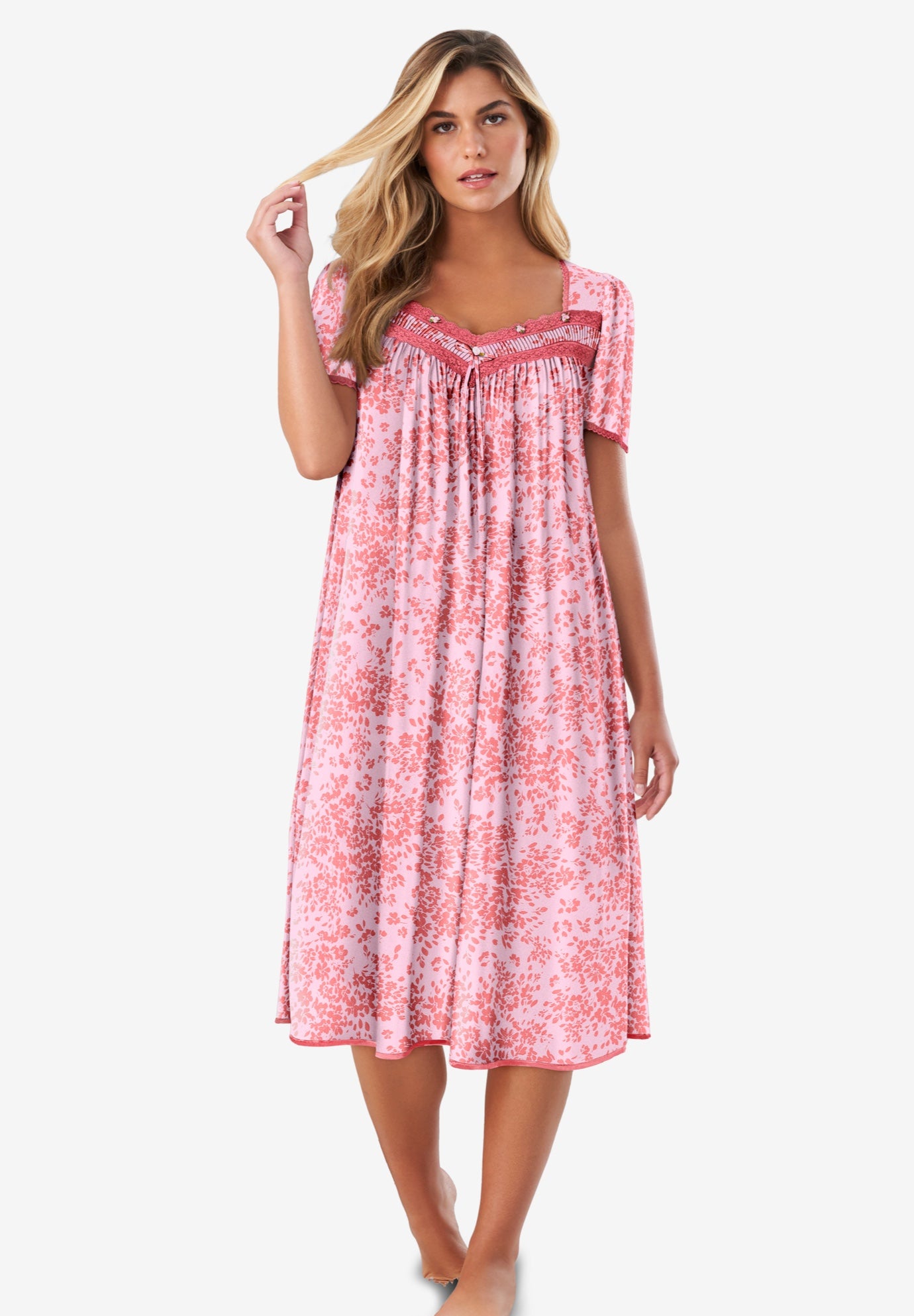 Plus Size Women's Short Silky Lace-Trim Gown by Only Necessities in Sweet Coral Flower (Size 4X) Pajamas