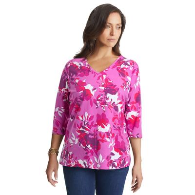 Plus Size Women's Stretch Cotton V-Neck Tee by Jessica London in Purple Shadow Floral (Size 22/24) 3/4 Sleeve T-Shirt