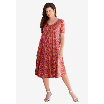 Plus Size Women's UltraSmooth™ Plus Size V-Neck Swing Dress - Soft Knit, Flattering Fit by Roaman's in Warm Batik Leaves (Size 30/32) Stretch Jersey