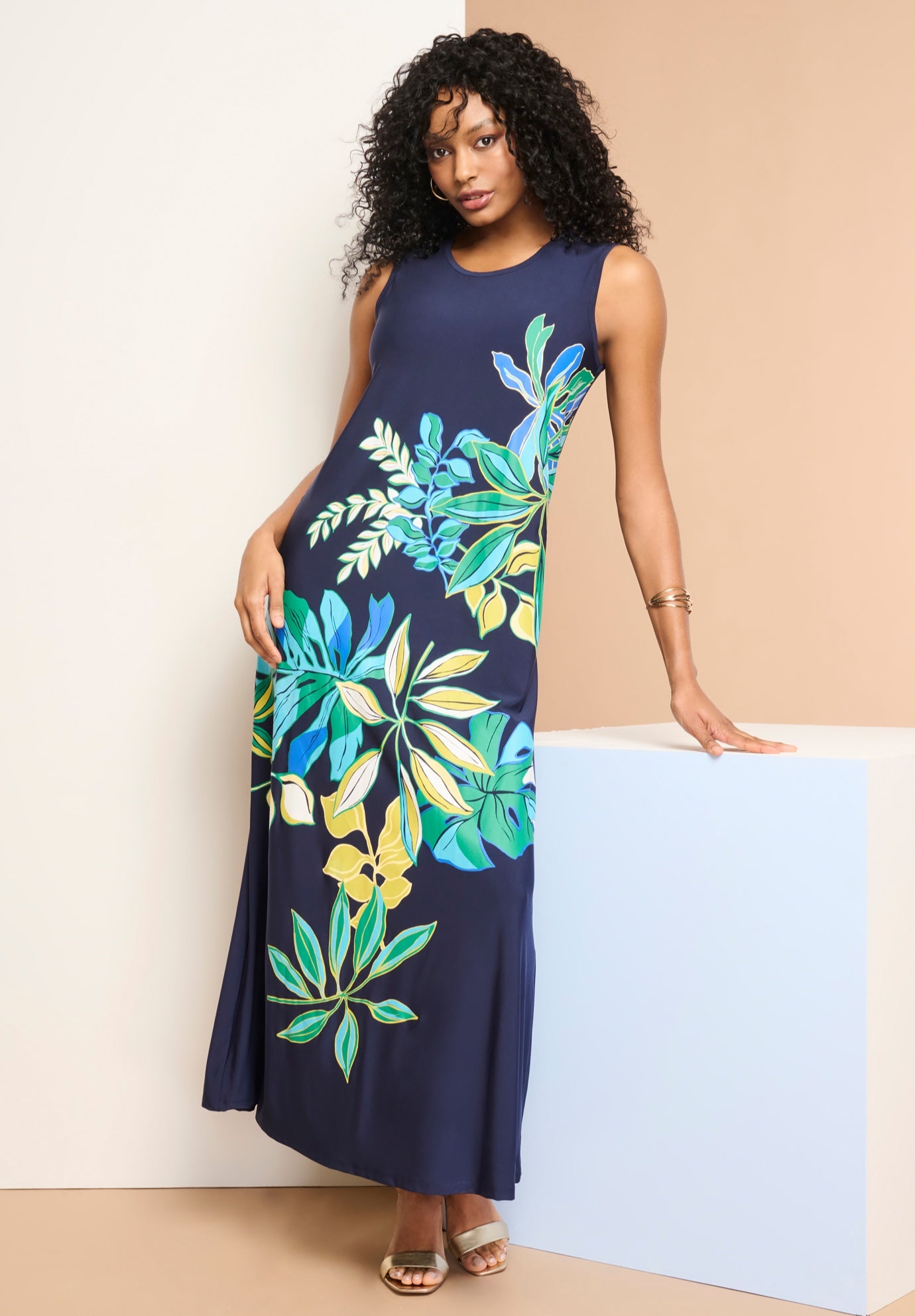 Plus Size Women's Plus Size Sleeveless Crew Neck Maxi Dress by Roaman's in Navy Bold Leaves (Size 30/32) Stretch Jersey Long Length Printed