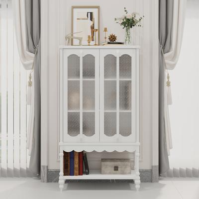 Elegant White Storage Cabinet Accent Cabinet: Textured Glass Doors, Ornate Details & Versatile Storage