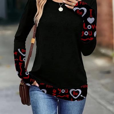 "TEMU Chic Women's Long Sleeve T-shirt With Heart & "i Love You" Print - Elegant Black With Red Accents, Soft Polyester Blend, Spring/fall," Image