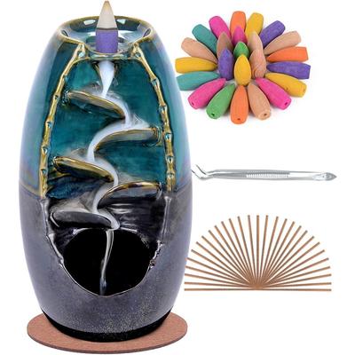 TEMU Ceramic Reflux And Burner Waterfall, With 120 Reflux Incense Cones And 30 Incense Sticks, Aromatherapy Decoration For Home Decor, Blue Set