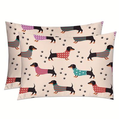 TEMU 2pcs Dachshund Dog Print Satin Pillowcases - Soft, Breathable & Skin-friendly Covers For Hair And Skin, Envelope Closure, Bedroom & Sofa Decor